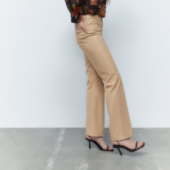 ZARA BLOGGER FAVORITE STRAIGHT LEG FAUX LEATHER PANTS BEIGE - Picture 13 of 15